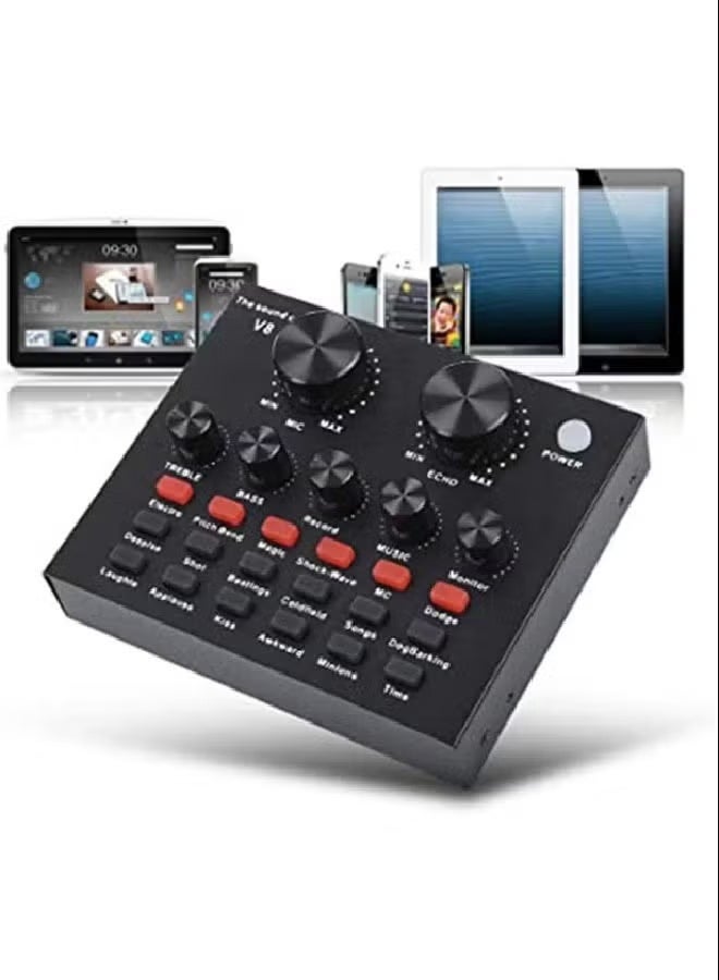 V8 External Sound Card USB Live External Sound Mixer Board Voice Changer Sound Card with Multiple Sound Effects for Live Recording Home KTV Voice Chat - Image 2