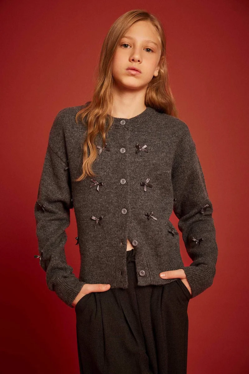 DeFacto Girl 3D Crew Neck Cardigan