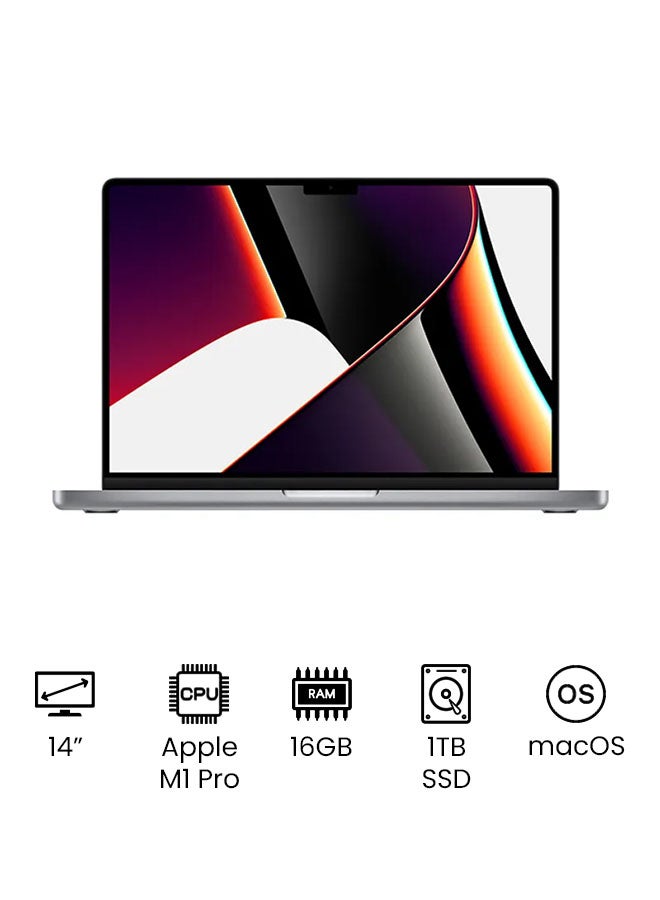 ابل  ماك بوك برو MKGQ3 شاشة ليكويد ريتينا XDR مقاس 14 بوصة شريحة أبل M1 برو مع وحدة معالجة مركزية 10 أنوية ووحدة معالجة رسومات 16 نواة / ذاكرة وصول عشوائي 16 جيجابايت / 1 تيرابايت إس إس دي الإنجليزية/العربية رمادى فضائى - Image 1