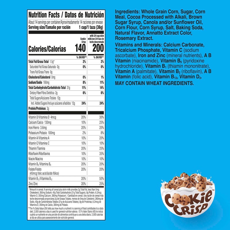 Cookie Crisp Breakfast Cereal, Chocolate Chip Cookie Taste, Made with Whole Grain, Family Size, 18.3 oz - Image 2