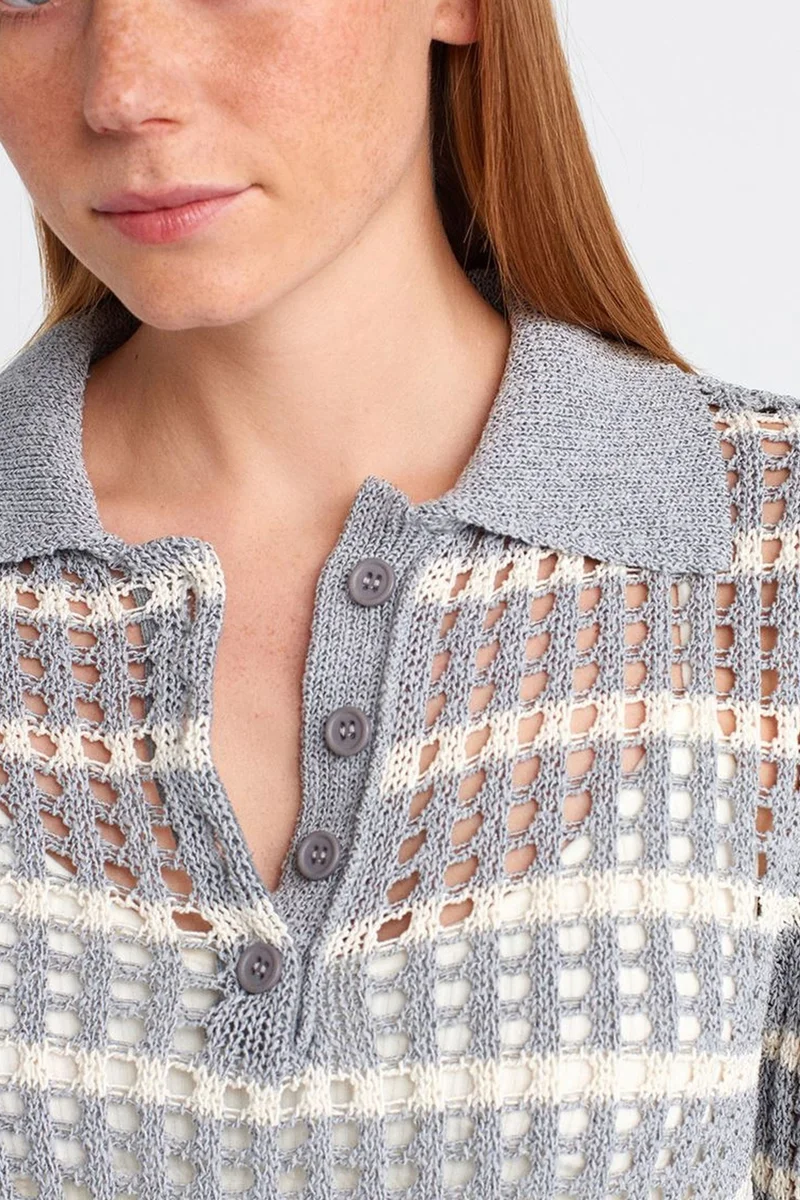 Dilvin Multicolor DILVIN Striped Polo Collar Button Knit Sweater for Women | Best Price UAE