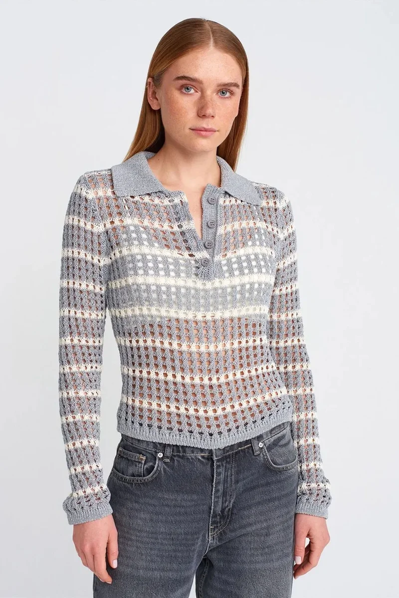 DILVIN Striped Polo Collar Button Knit Sweater
