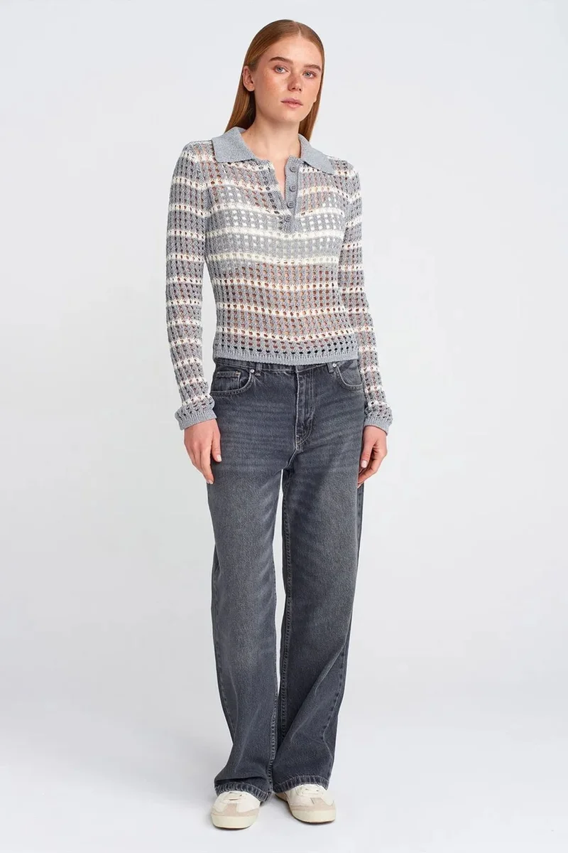 Dilvin Multicolor DILVIN Striped Polo Collar Button Knit Sweater for Women | Best Price UAE