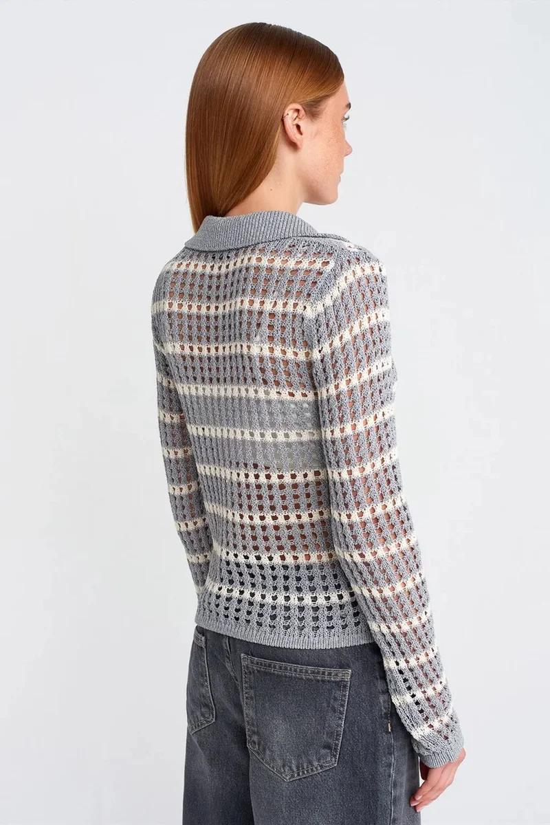 Dilvin Multicolor DILVIN Striped Polo Collar Button Knit Sweater for Women | Best Price UAE