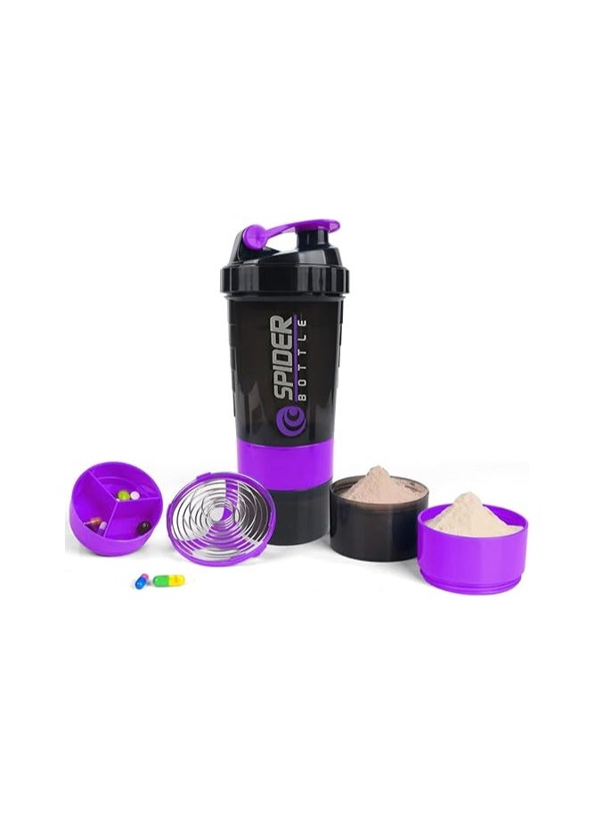 Generic Shaker Bottle Gym Protein with Pill Organizer and Protein Powder Storage, 3 Layer Sports Water Bottle with Leak-Proof Lid and Twist-and-Lock Storage Containers, BPA Free, 500ML (Purple)  - Image 1