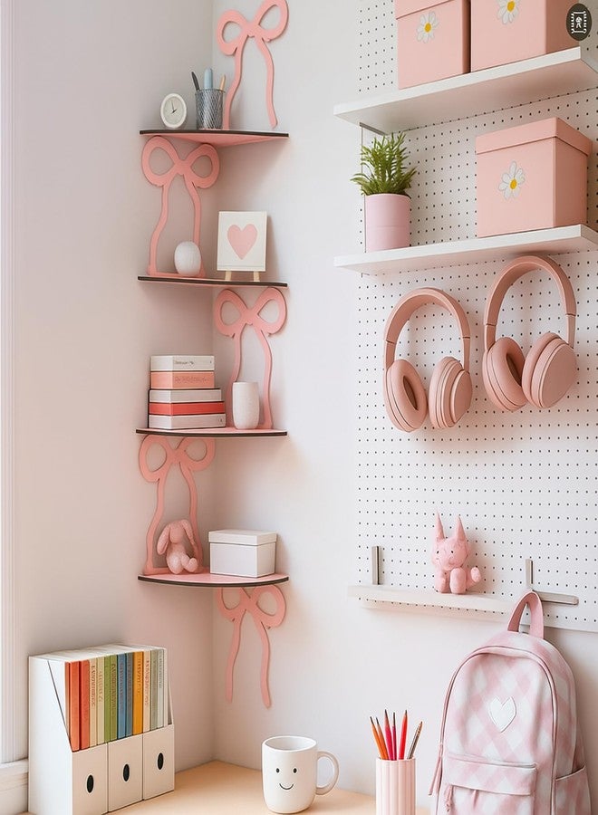 Kathfly 4 Tie Pink Bow Corner Shelf Wall Mounted Pink Floating Wood Corner Storage Shelves for Women Girls Decorative Cute Coquettish Wall Decor for Bedroom Living Room Bathroom Kitchen Office - Image 5