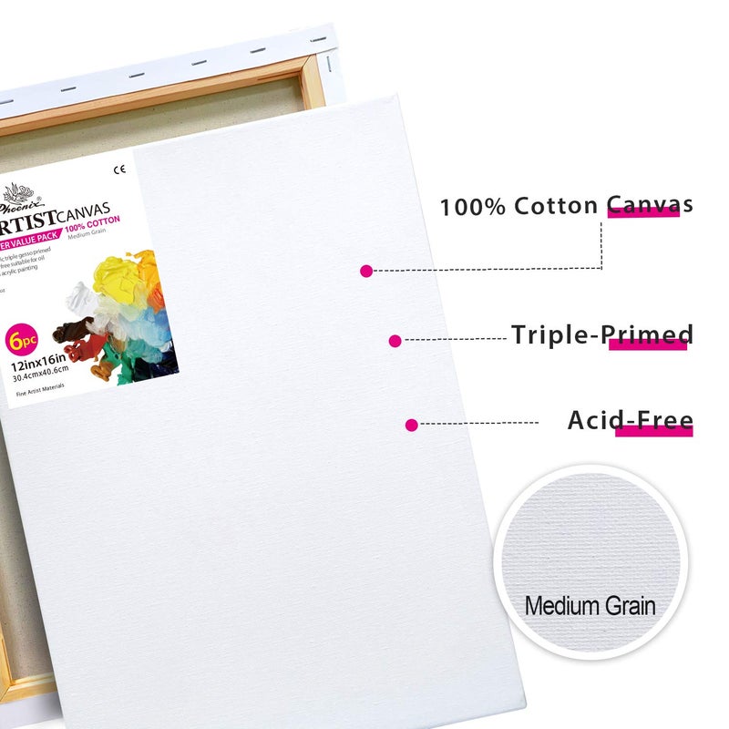 PHOENIX Stretched Canvas for Painting 12x16 Inch/6 Value Pack, 8 Oz Triple Primed 5/8 Inch Profile 100% Cotton White Blank Canvas, Artist Framed Canvas for Oil Acrylic & Pouring Art - Image 3