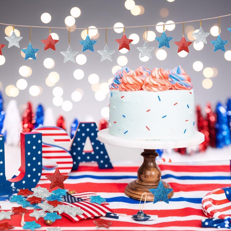 DTOFOOT 36PCS Mini Resin Patriotic Star Ornaments 4th of July Hanging Pendants for Small Tree Glitter Blue Red Silver Star Charms with String for Memorial Veterans Remembrance Independence Day Decor - Image 4