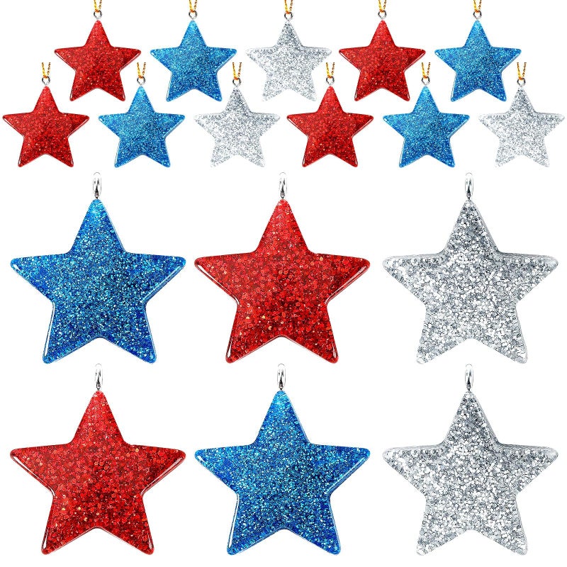 DTOFOOT 36PCS Mini Resin Patriotic Star Ornaments 4th of July Hanging Pendants for Small Tree Glitter Blue Red Silver Star Charms with String for Memorial Veterans Remembrance Independence Day Decor - Image 1