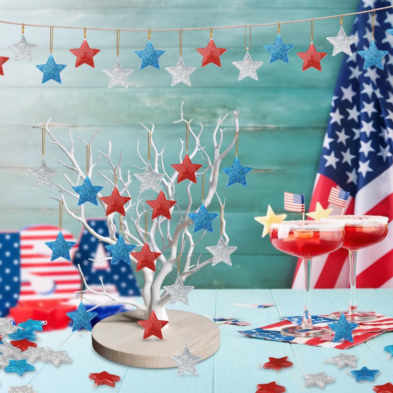 DTOFOOT 36PCS Mini Resin Patriotic Star Ornaments 4th of July Hanging Pendants for Small Tree Glitter Blue Red Silver Star Charms with String for Memorial Veterans Remembrance Independence Day Decor - Image 5