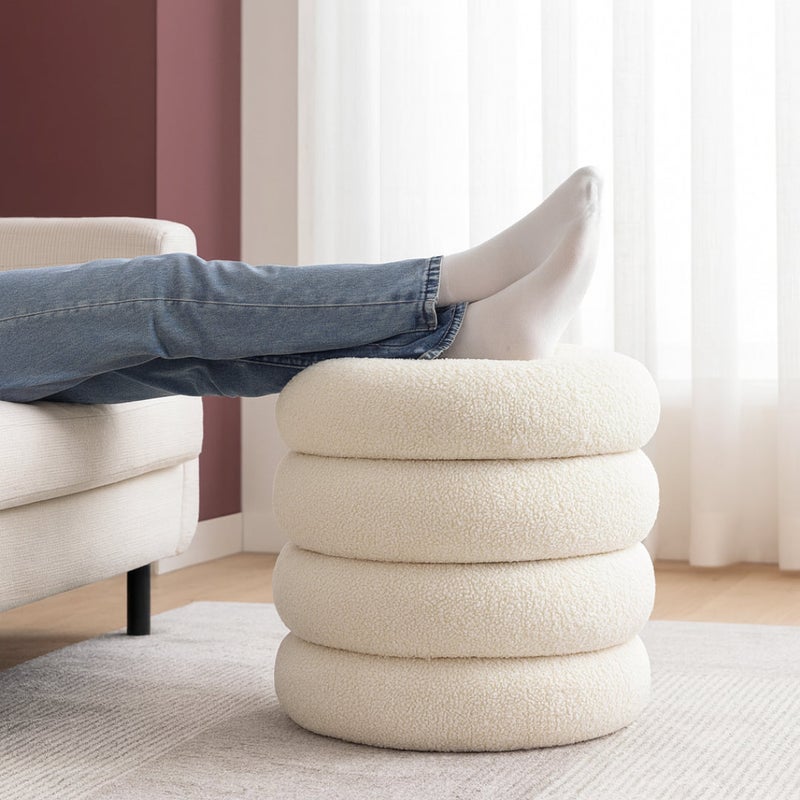 Wooden Twist Luxury Bouclé Round Ottoman Stool Soft Pouf Seat for Living Room & Bedroom - Image 2