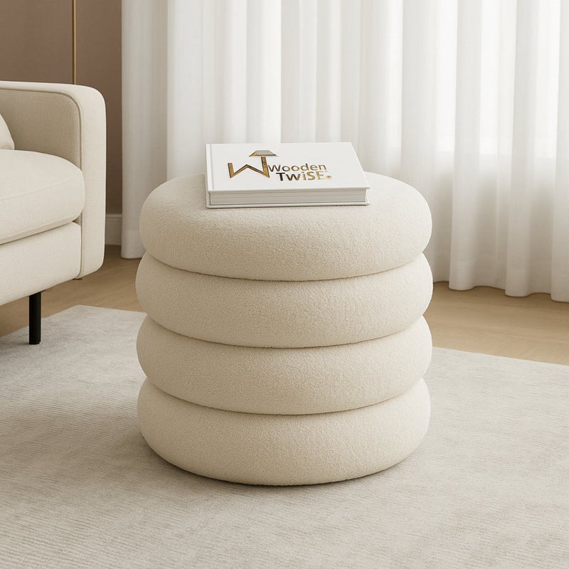 Wooden Twist Luxury Bouclé Round Ottoman Stool Soft Pouf Seat for Living Room & Bedroom - Image 1