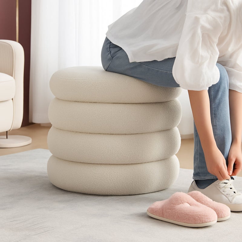 Wooden Twist Luxury Bouclé Round Ottoman Stool Soft Pouf Seat for Living Room & Bedroom - Image 3