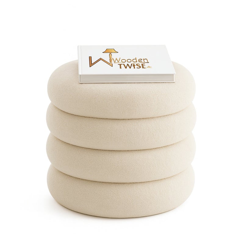 Wooden Twist Luxury Bouclé Round Ottoman Stool Soft Pouf Seat for Living Room & Bedroom - Image 4