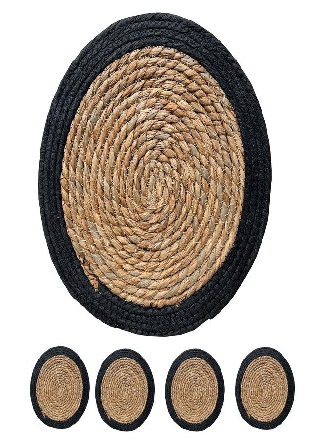 ANDSTAR Round Woven Placemats Set of 4, 12"x12", Natural Wicker Placemats, Water Hyacinth Straw Braided Placemats,Boho Place Mats for Farmhouse, Rustic Table (Water Hyacinth + Black Cotton Rope) - Image 1