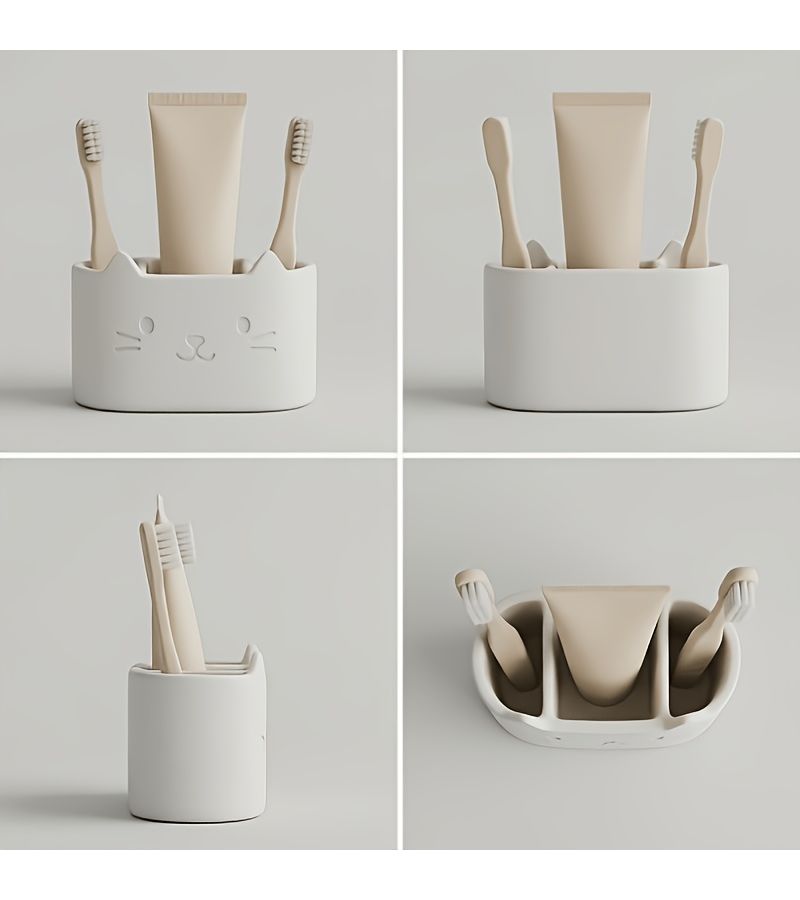 White Cat Shaped Self Draining Toiletry Holder Facial Cleanser Holder Multifunctional Toothbrush And Toothpaste Storage Rack Bathroom Accessories Home Decor - Image 2