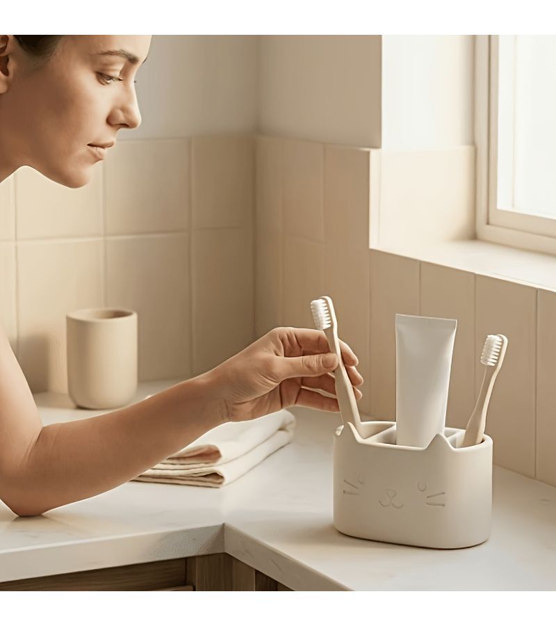 White Cat Shaped Self Draining Toiletry Holder Facial Cleanser Holder Multifunctional Toothbrush And Toothpaste Storage Rack Bathroom Accessories Home Decor - Image 1