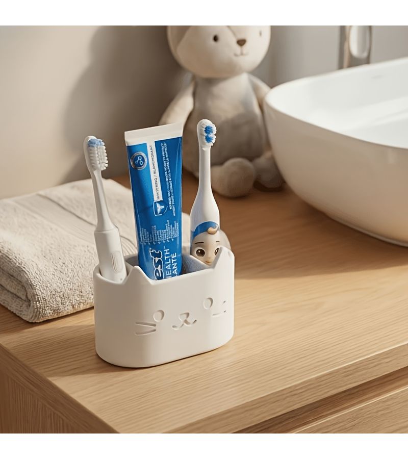 White Cat Shaped Self Draining Toiletry Holder Facial Cleanser Holder Multifunctional Toothbrush And Toothpaste Storage Rack Bathroom Accessories Home Decor - Image 4