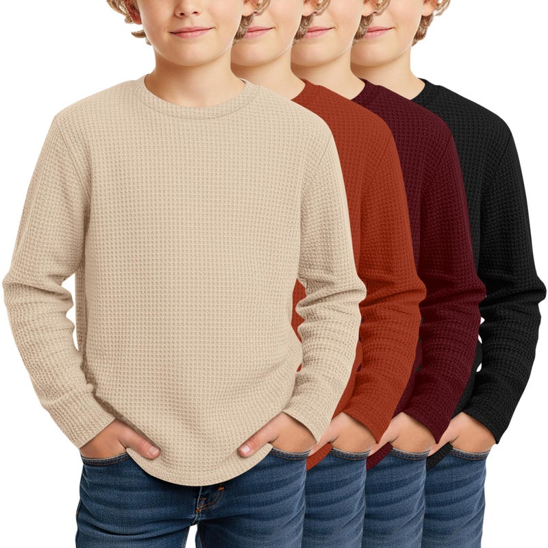 LessonZoo 4 Pack Boys Long Sleeve Shirts Crewneck Kids Waffle Knit T Shirts Toddler Boy Thermal Casual Tops Tees 5-14 Years(Khaki, Pumpkin, Wine Red,Black,9-10 Years) - Image 1