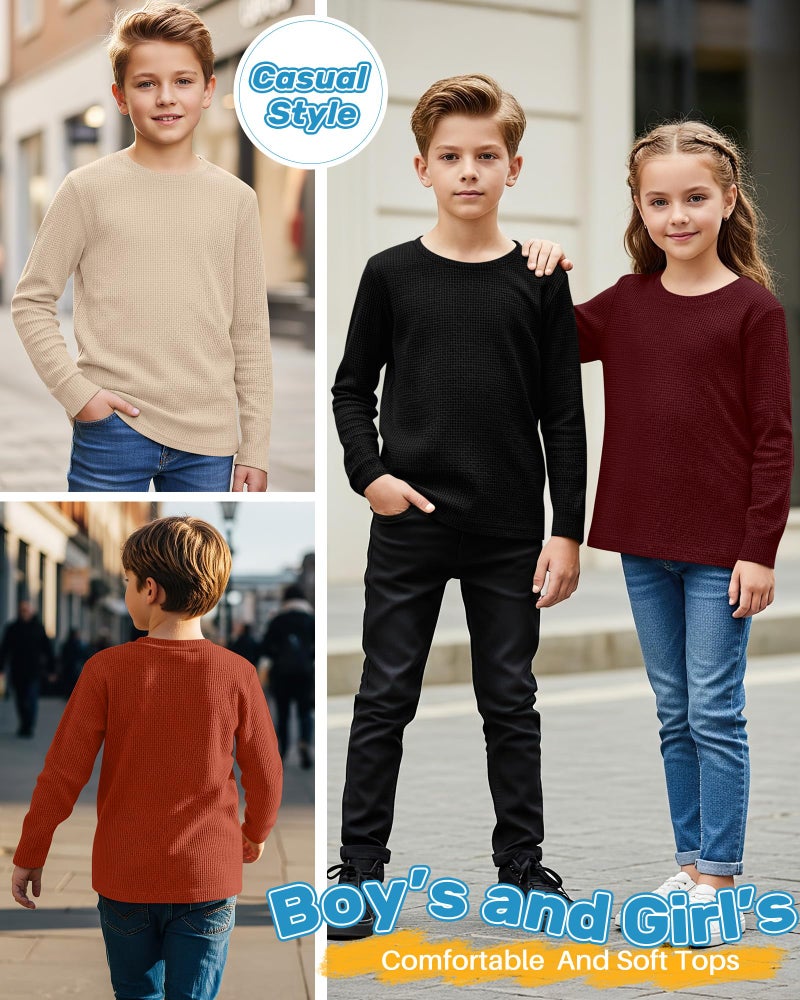 LessonZoo 4 Pack Boys Long Sleeve Shirts Crewneck Kids Waffle Knit T Shirts Toddler Boy Thermal Casual Tops Tees 5-14 Years(Khaki, Pumpkin, Wine Red,Black,9-10 Years) - Image 4