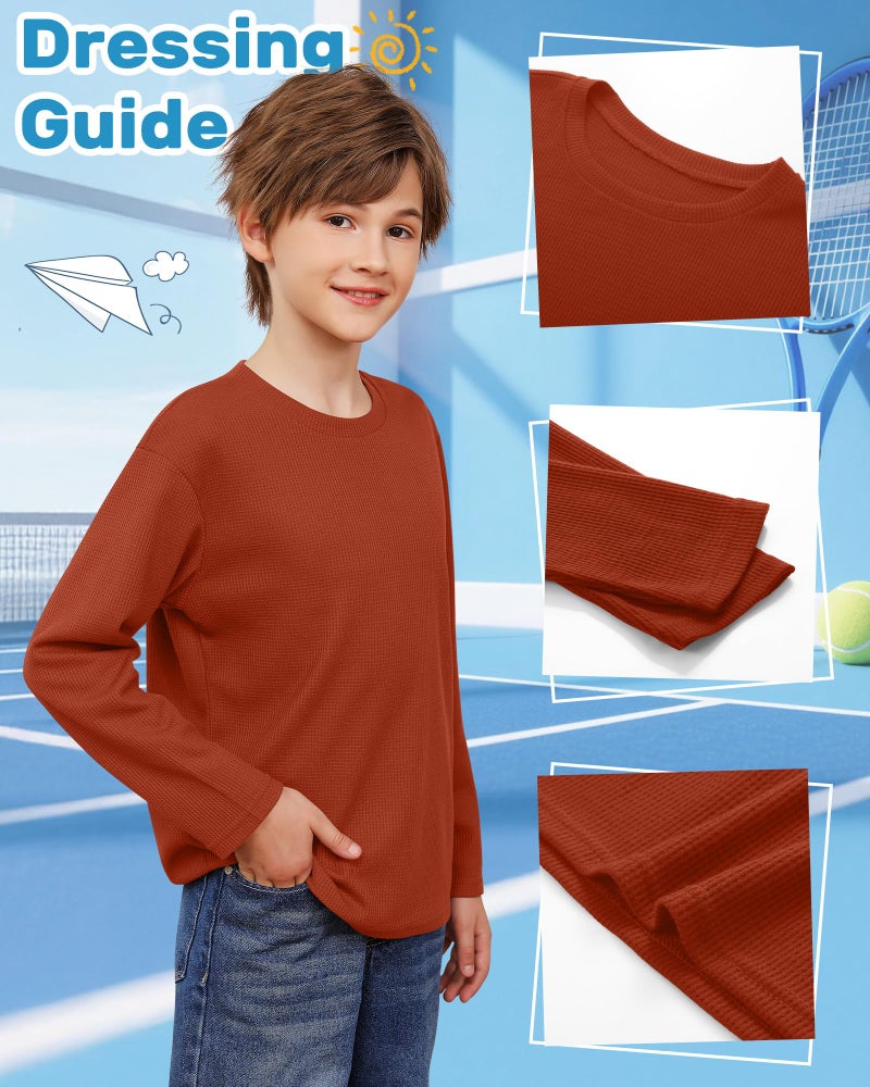 LessonZoo 4 Pack Boys Long Sleeve Shirts Crewneck Kids Waffle Knit T Shirts Toddler Boy Thermal Casual Tops Tees 5-14 Years(Khaki, Pumpkin, Wine Red,Black,9-10 Years) - Image 5