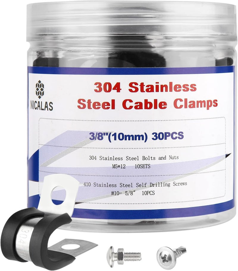 Nicalas 60 pcs 3/8 Inch Stainless Steel Cable Clamps And Stainless Screws,Rubber Coated Cushioned Insulated Cable Clamp,Automotive Cable Wire Clamps,Pipe Clamps - Image 1