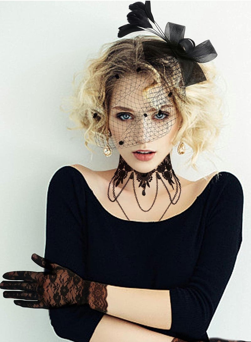 واي آند دي Masquerade Costume, Costume Jewelry Set, Choker Necklace Lace Gloves Mask Black Veil Fascinator Hat  - Image 4