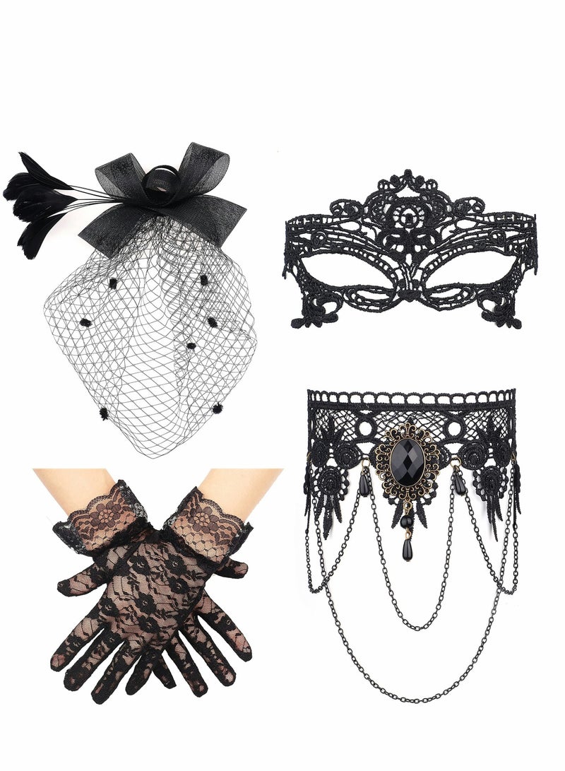 واي آند دي Masquerade Costume, Costume Jewelry Set, Choker Necklace Lace Gloves Mask Black Veil Fascinator Hat  - Image 1