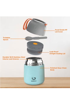Gravit Insulated Food Jar Lunch Box 450ml - Stainless Steel Thermos with Folding Spoon, Keeps Food Hot/Cold, Leak-Proof, Ideal for Baby Food, School Lunches, Office Meals (Blue)  - Image 2