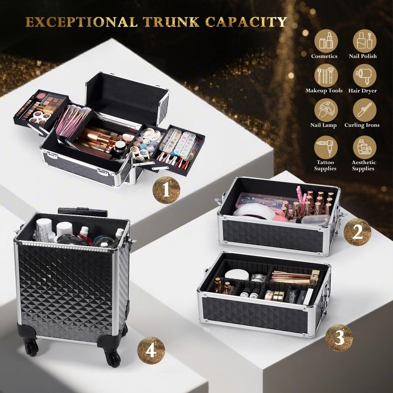Stagiant Rolling Makeup Case Cosmetology Case on Wheels 4 in 1 Large Cosmetic Organizer Train Case Makeup Travel Case with Key Swivel Wheels Nail Artist Salon Storage Traveling Cart Trunk Black - Image 2