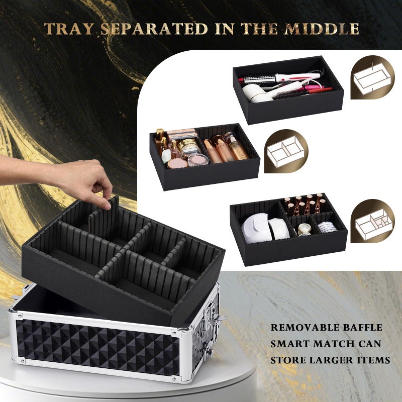 Stagiant Rolling Makeup Case Cosmetology Case on Wheels 4 in 1 Large Cosmetic Organizer Train Case Makeup Travel Case with Key Swivel Wheels Nail Artist Salon Storage Traveling Cart Trunk Black - Image 5