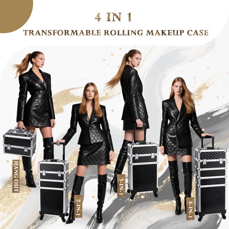 Stagiant Rolling Makeup Case Cosmetology Case on Wheels 4 in 1 Large Cosmetic Organizer Train Case Makeup Travel Case with Key Swivel Wheels Nail Artist Salon Storage Traveling Cart Trunk Black - Image 3