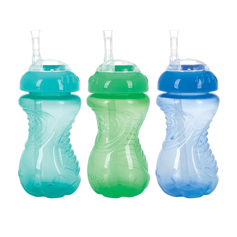Nuby 3 Pack No Spill Flex Straw Toddler Sippy Cups - Toddler Cups Spill Proof with Easy and Firm Grip - Green, Blue, Aqua - Image 1