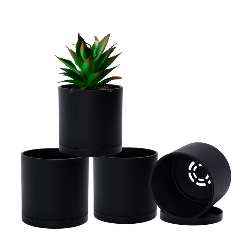 D'vine Dev 4 Pack 4 Inch Modern Plastic Plant Pots, Small Garden Planters for Plant with Drainage Holes and Saucers, Black Color, 74-Y-E-2 - Image 1