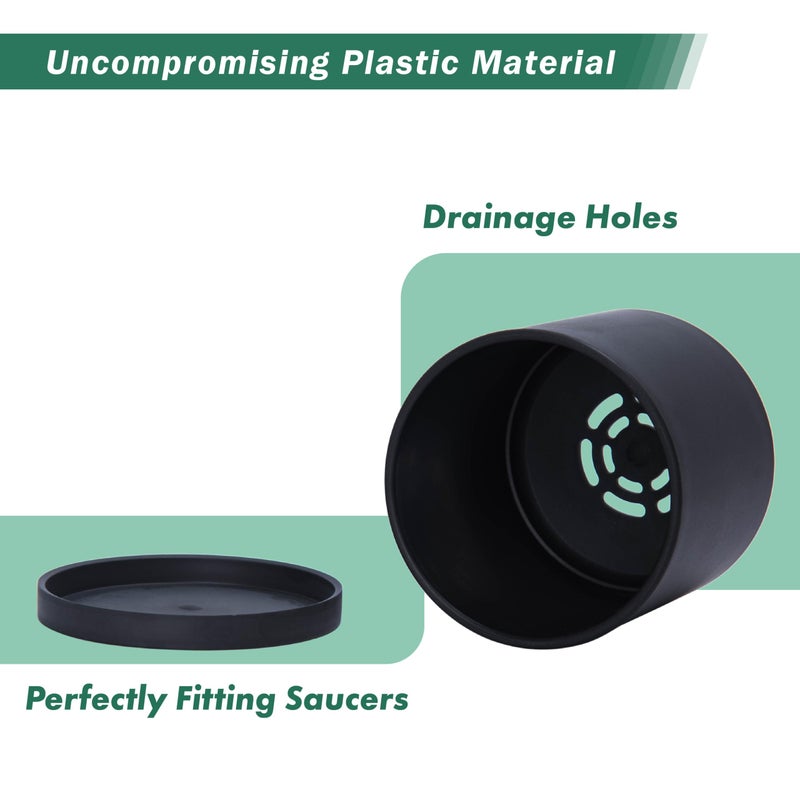 D'vine Dev 4 Pack 4 Inch Modern Plastic Plant Pots, Small Garden Planters for Plant with Drainage Holes and Saucers, Black Color, 74-Y-E-2 - Image 4