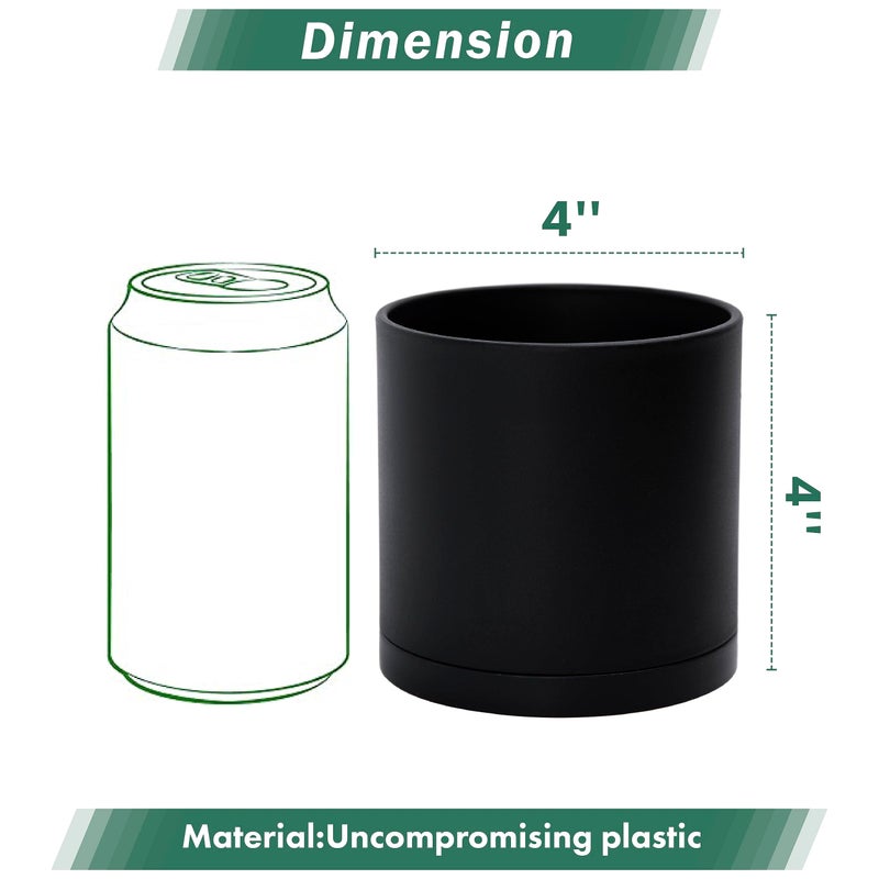 D'vine Dev 4 Pack 4 Inch Modern Plastic Plant Pots, Small Garden Planters for Plant with Drainage Holes and Saucers, Black Color, 74-Y-E-2 - Image 2