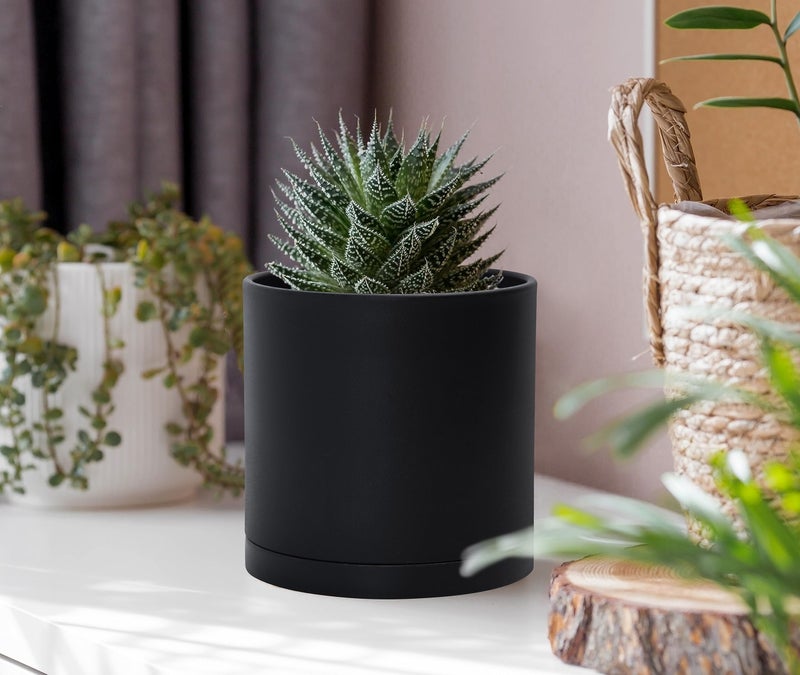 D'vine Dev 4 Pack 4 Inch Modern Plastic Plant Pots, Small Garden Planters for Plant with Drainage Holes and Saucers, Black Color, 74-Y-E-2 - Image 3