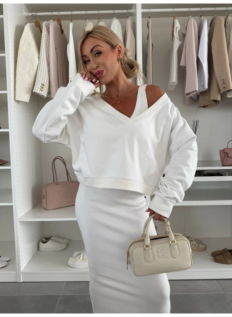 NIBEMINENT Spring Summer Women's Solid Color V neck Long Sleeved Sweatshirt with Strapless and Form Fitting Long Dress Set of 2 Pieces - Image 4