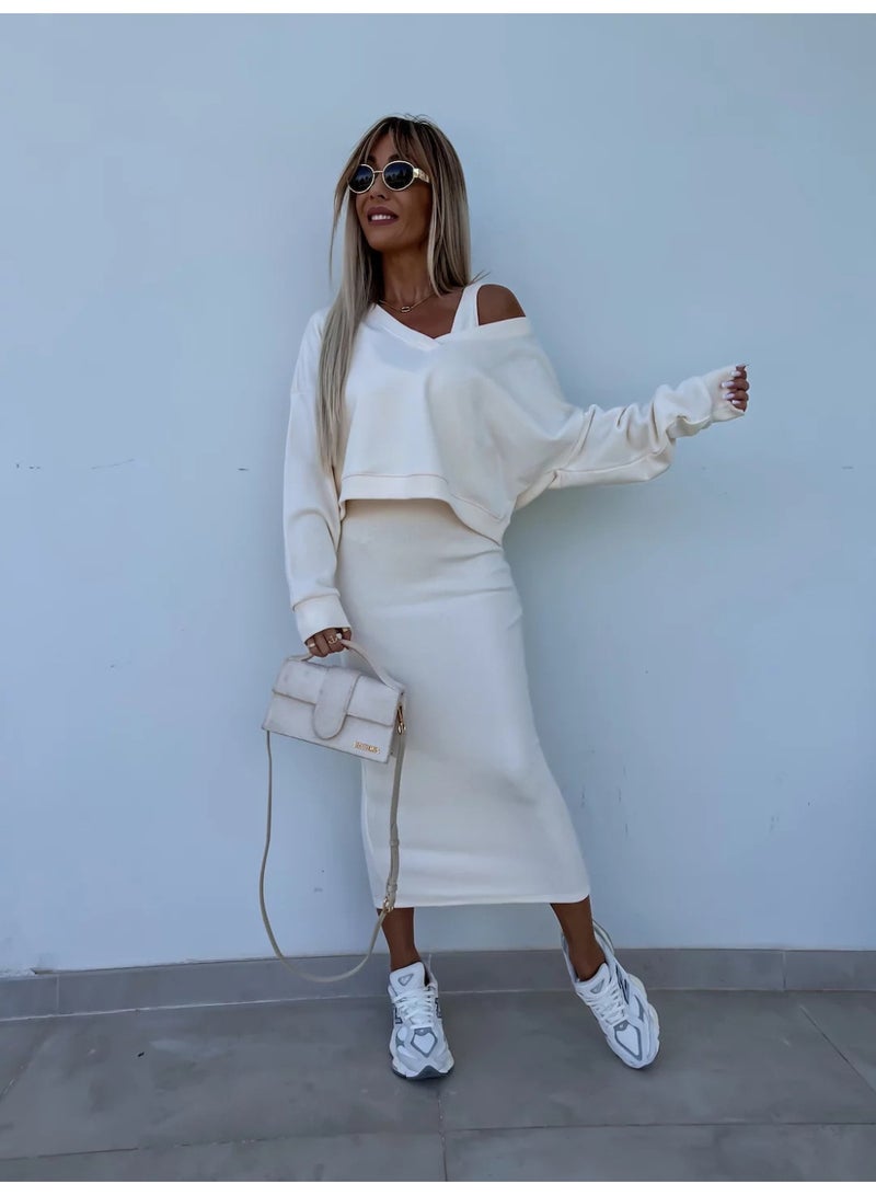 NIBEMINENT Spring Summer Women's Solid Color V neck Long Sleeved Sweatshirt with Strapless and Form Fitting Long Dress Set of 2 Pieces - Image 1