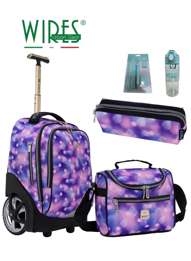 Wires 3 Piece Kids School Trolley Bag laptop compartment Big Wheels With Lunch bag & Pencil Case  - Image 1