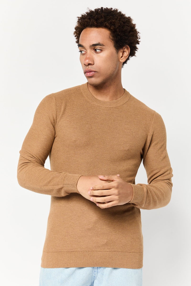 Celio Men Crew Neck Textured Sweater, Brown - Image 1