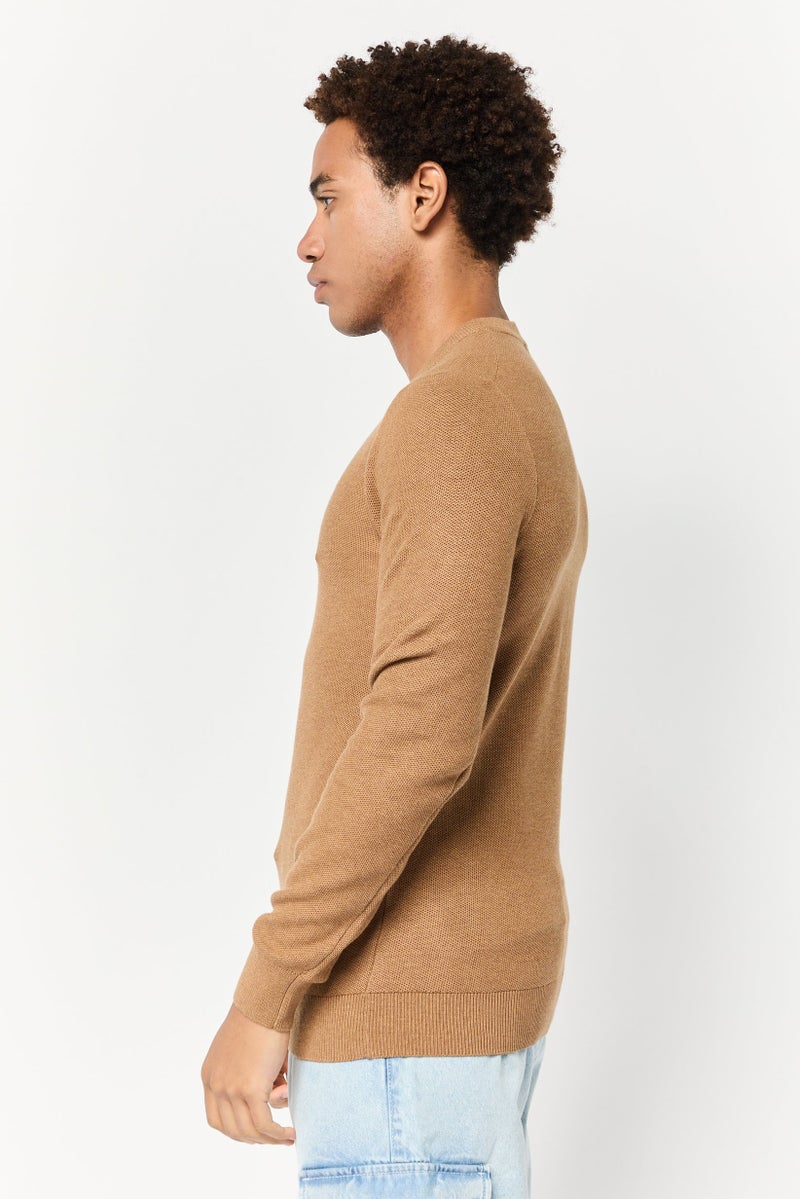 Celio Men Crew Neck Textured Sweater, Brown - Image 3