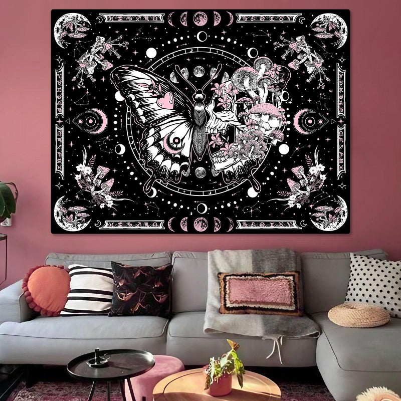 Fungarth Skeleton Butterfly Tapestry Pink Skull Hippie Mushroom Plants Tapestry for Bedroom Moon phase Aesthetic Tapestries Wall Hanging for Living Room Dorm (Pink, 48â€ x 36â€) - Image 3