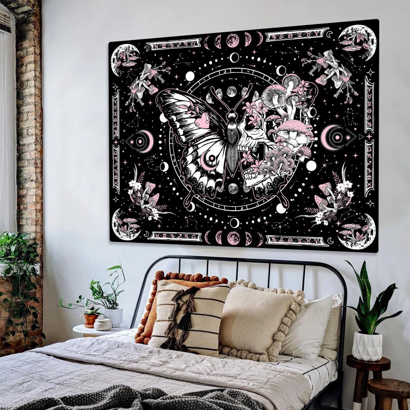 Fungarth Skeleton Butterfly Tapestry Pink Skull Hippie Mushroom Plants Tapestry for Bedroom Moon phase Aesthetic Tapestries Wall Hanging for Living Room Dorm (Pink, 48â€ x 36â€) - Image 4