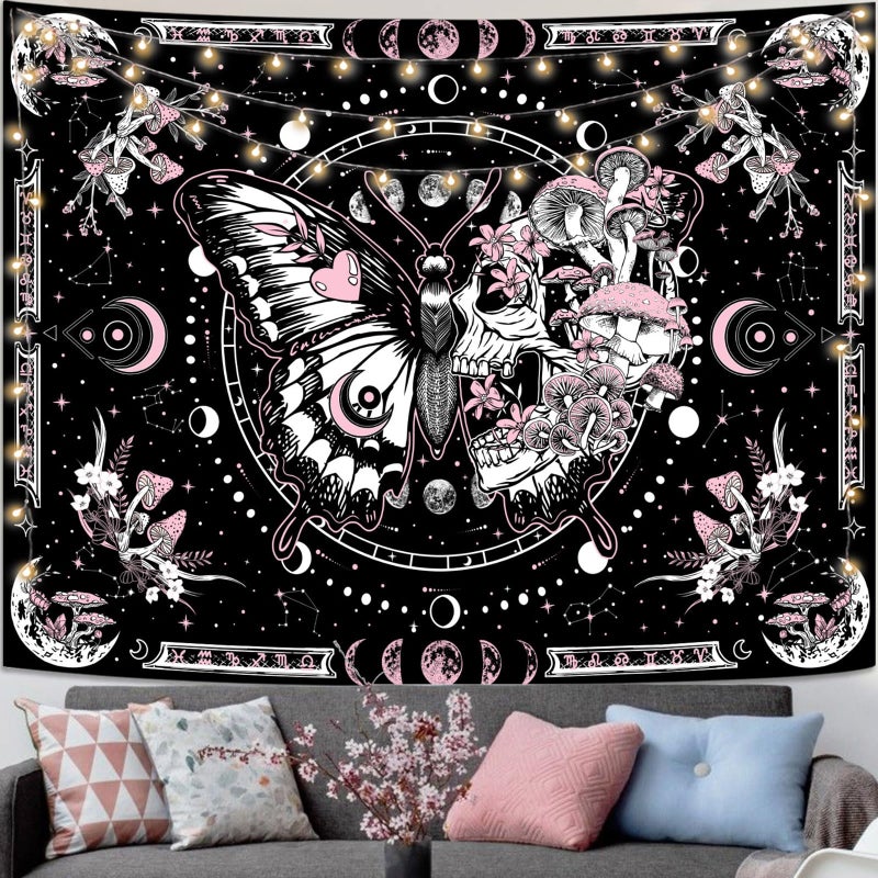 Fungarth Skeleton Butterfly Tapestry Pink Skull Hippie Mushroom Plants Tapestry for Bedroom Moon phase Aesthetic Tapestries Wall Hanging for Living Room Dorm (Pink, 48â€ x 36â€) - Image 1