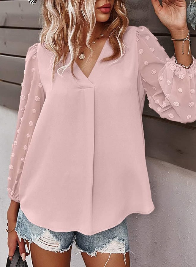 Samefar Women's Casual V Neck Long Sleeve Pom Pom Shirt Tops Loose Flowy Chiffon Blouses, Pink, M - Image 2