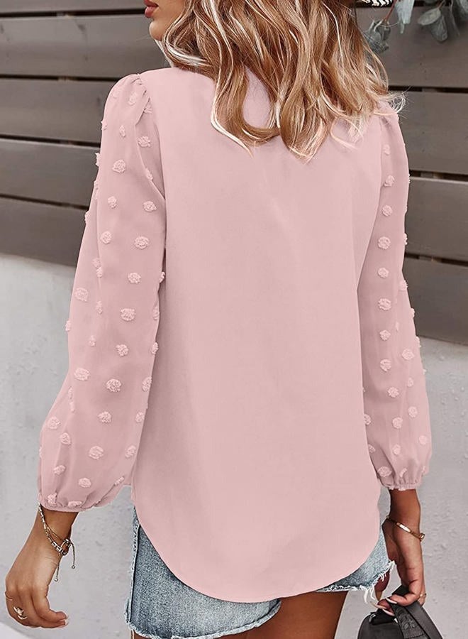 Samefar Women's Casual V Neck Long Sleeve Pom Pom Shirt Tops Loose Flowy Chiffon Blouses, Pink, M - Image 4