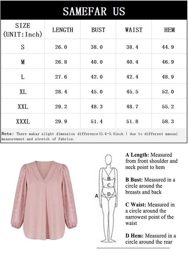 Samefar Women's Casual V Neck Long Sleeve Pom Pom Shirt Tops Loose Flowy Chiffon Blouses, Pink, M - Image 5