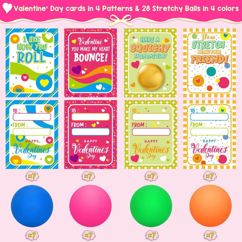 BAYSING Valentine's Day Cards for Kids, 28 Packs Stress Ball Stretchy Toy with Valentine's Day Greeting Cards, Squishy Balls Valentine Gift Sets for Kids Classroom Exchange Prizes, Kids Party Favors Packs - Image 5