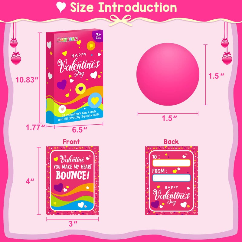 BAYSING Valentine's Day Cards for Kids, 28 Packs Stress Ball Stretchy Toy with Valentine's Day Greeting Cards, Squishy Balls Valentine Gift Sets for Kids Classroom Exchange Prizes, Kids Party Favors Packs - Image 3